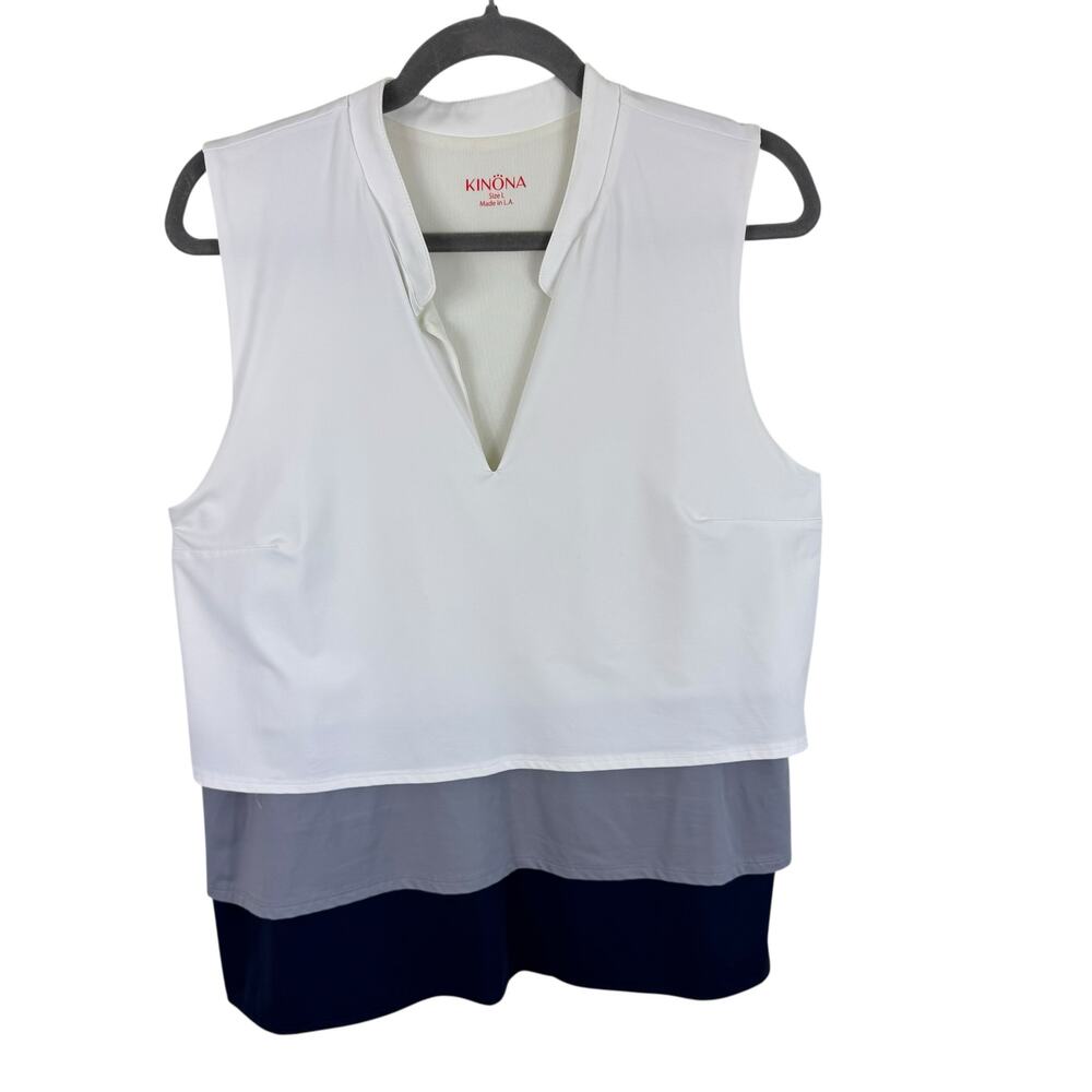 Kinona White Gray Blue Tiered Nylon Stretchy Sleeveless Athletic Size Top Size L